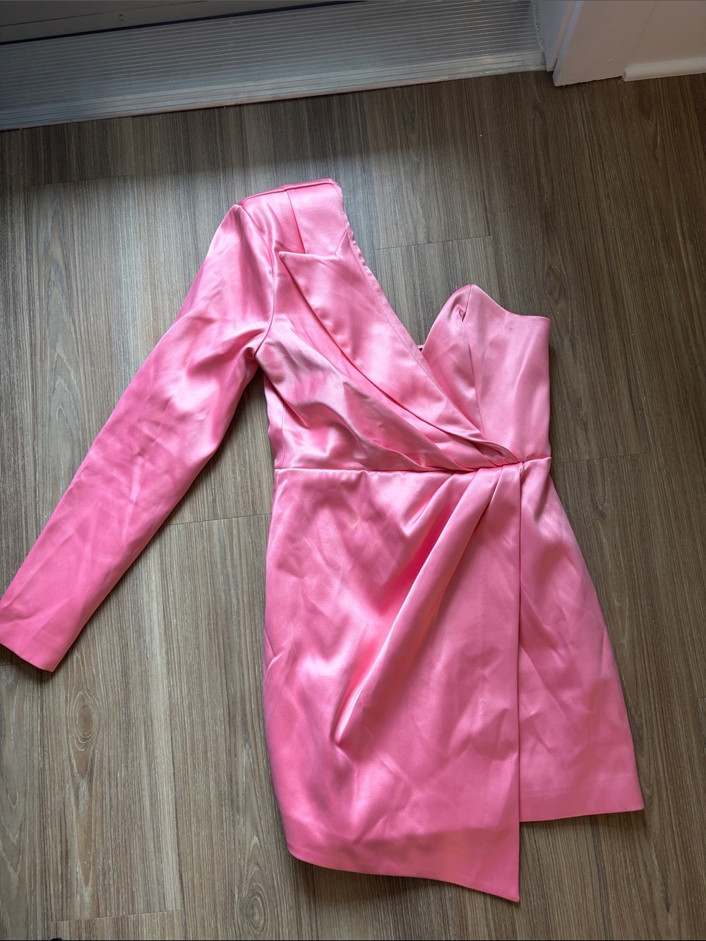NBD Pink Asymmetrical One-Sleeve Satin Dress